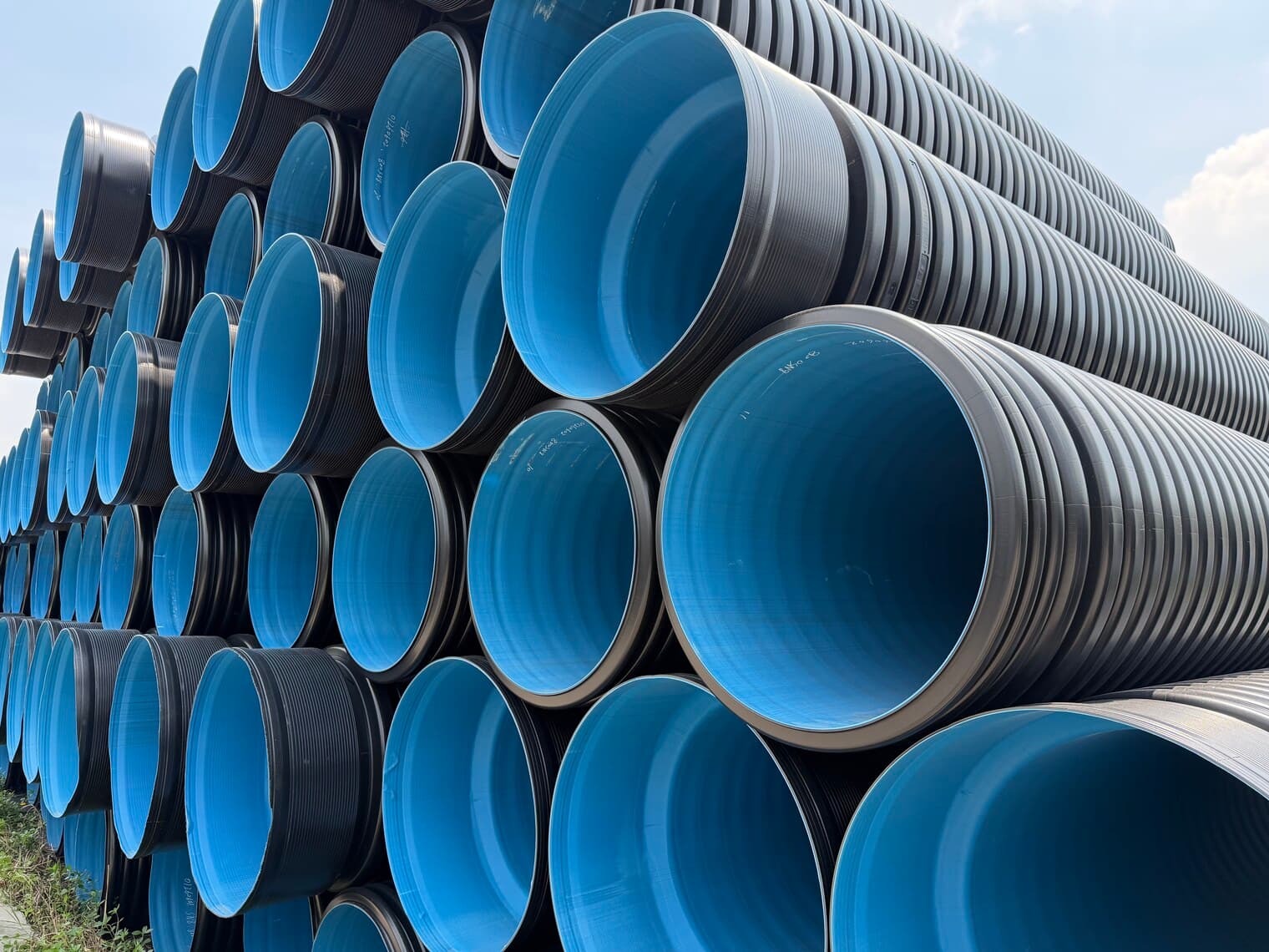 A close view of the pipe ends, showing the smooth blue bore inside the corrugated outer wall