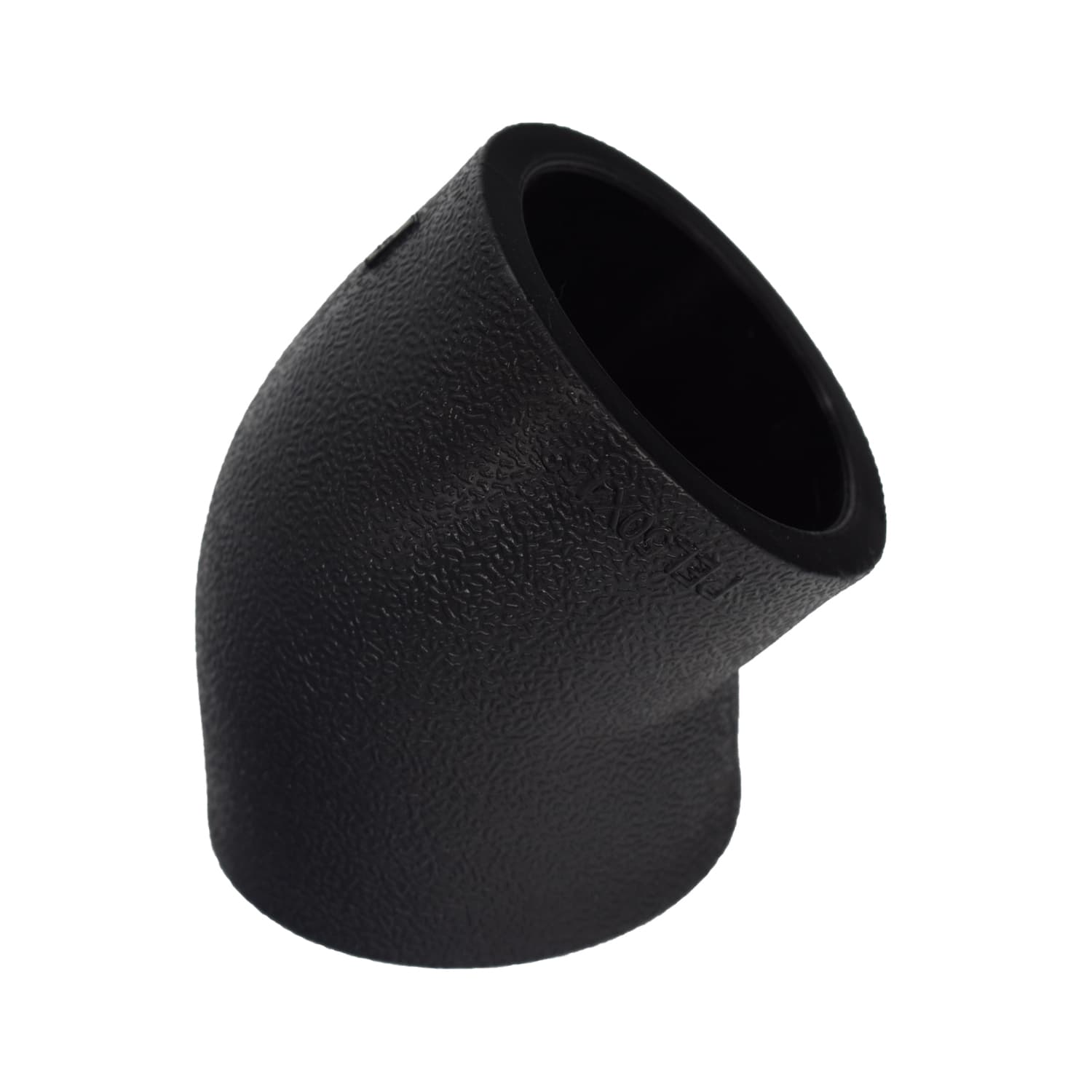 A 45° elbow stood on end, the moulded surface texture and full wall thickness in view