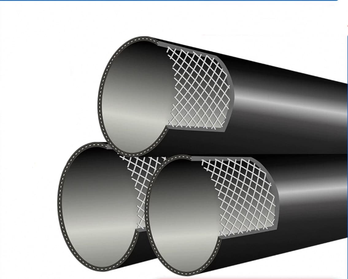 A cutaway of steel mesh reinforced pipe showing the wire skeleton sandwiched between the inner and outer PE layers