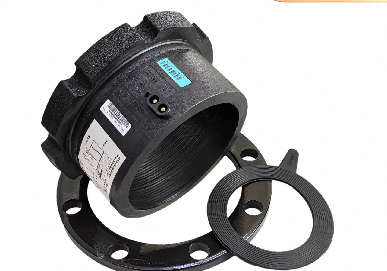 A PE flange adapter with its loose backing ring, ready to bolt to a metal flange